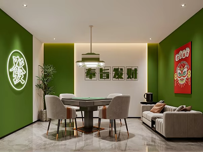 Hotel Mahjong Room Interior With Green Walls Mahjong Table Chairs Sofa And Red Decorative Art 3d model
