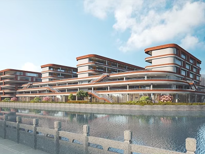 Modern Multi Story School Building with Red Brick Roofs by Waterfront and Green Plants 3d model