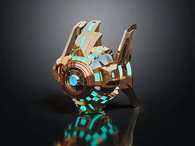 3D Rendered Futuristic Golden Device With Blue Glowing Elements And Reflective Base 3d model