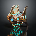 3D Rendered Futuristic Golden Device With Blue Glowing Elements And Reflective Base