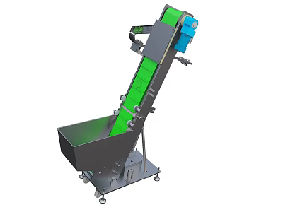 Heavy Duty Industrial Incline Conveyor With Green Belt Metal Frame And Feeding Hopper 3d model