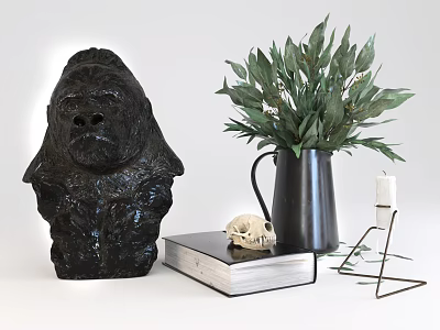 Decorative Ornament Set Featuring Gorilla Head Sculpture Skull Green Plant Candle and Book 3d model