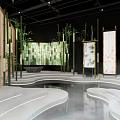 Traditional Chinese Interior Space With Golden Lattice Bamboo Water Pool Stepped Platforms And Ink Art