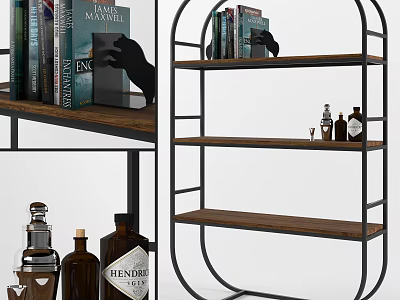 Modern Industrial Bookcase With Metal Frame And Wooden Shelves Displaying Books And Decorative Bottles 3d model
