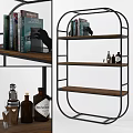 Modern Industrial Bookcase With Metal Frame And Wooden Shelves Displaying Books And Decorative Bottles