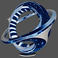 Modern Landscape Sculpture With Intertwined Metallic Rings And Blue Illuminated Lights