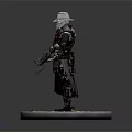 Elegant Detailed 3D Armored Character With Silver Hat And Sword On Circular Sand Base