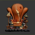 Orange Armchair with Red Cushion Books Globe Lamp and Decorative Stone Base