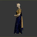 Elegant Blue Sari With Golden Patterns On Mannequin For Traditional Fashion