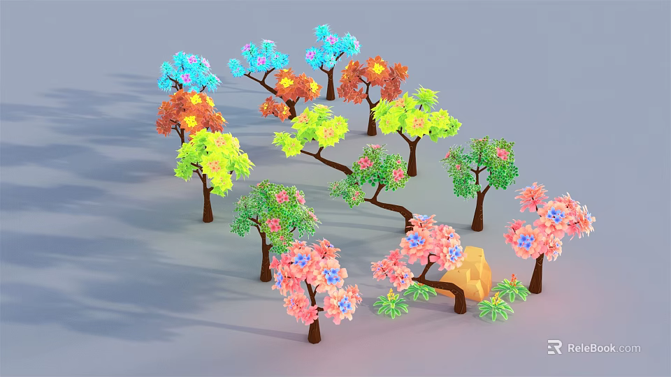 Vibrant Cartoon Scene Featuring Colorful Trees With Various Colored Leaves And Blossoms 3d model 