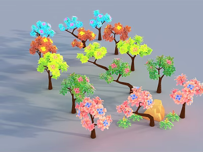 Vibrant Cartoon Scene Featuring Colorful Trees With Various Colored Leaves And Blossoms 3d model