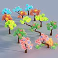 Vibrant Cartoon Scene Featuring Colorful Trees With Various Colored Leaves And Blossoms