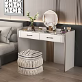 White Dressing Table With Round Mirror Tasseled Stool Cosmetics And Vase In Bedroom