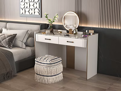 White Dressing Table With Round Mirror Tasseled Stool Cosmetics And Vase In Bedroom 3d model