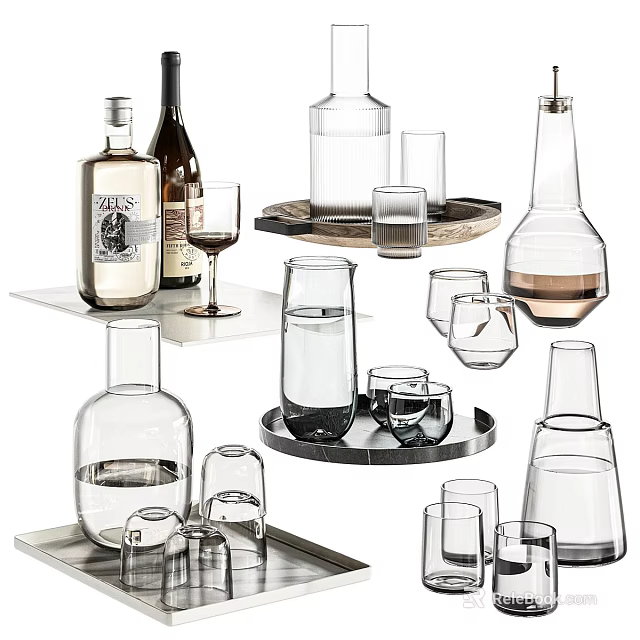 Transparent Glass Cups and Bottles Collection with Various Shapes on Metal Trays 3d model 