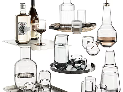 Transparent Glass Cups and Bottles Collection with Various Shapes on Metal Trays 3d model