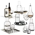 Transparent Glass Cups and Bottles Collection with Various Shapes on Metal Trays