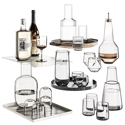 Transparent Glass Cups and Bottles Collection with Various Shapes on Metal Trays 3d model