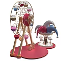 Colorful Ferris Wheel And Jester Hat Decoration With Small Toys On Red Base