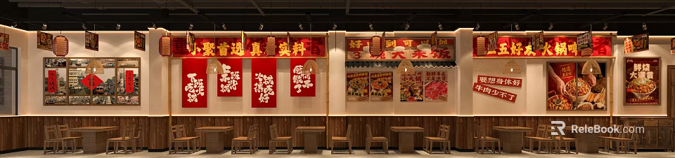 Traditional Hotpot Restaurant Interior With Red Banners Chinese Slogans And Wooden Tables 3d model 