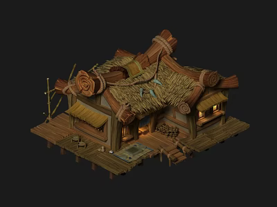 Cartoon Scene of Charming Thatched Roof House With Wooden Structure Lantern and Small Pond 3d model