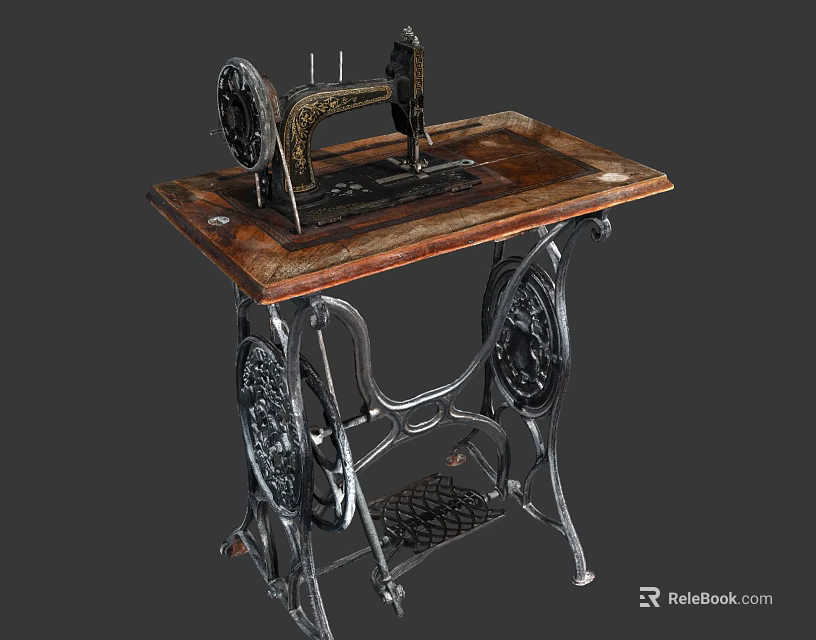 Vintage Sewing Machine With Wooden Tabletop And Ornate Metal Stand 3d model 