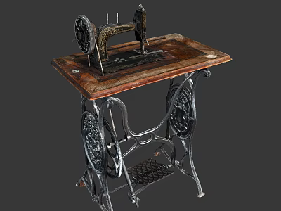 Vintage Sewing Machine With Wooden Tabletop And Ornate Metal Stand 3d model