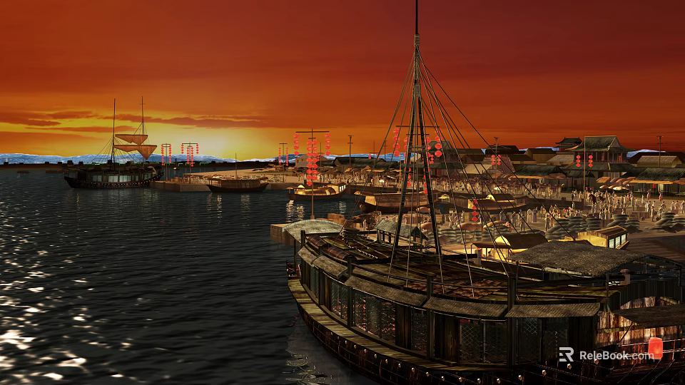 Scenic Sunset Harbor View With Boats Red Sky And Calm Water Surface 3d model 