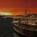 Scenic Sunset Harbor View With Boats Red Sky And Calm Water Surface