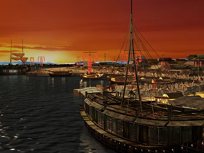 Scenic Sunset Harbor View With Boats Red Sky And Calm Water Surface 3d model