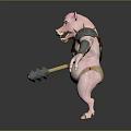 Pink Pig Warrior Creature With Spiked Shoulder Armor Leather Belt And Hammer Fantasy