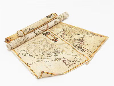 Vintage Ancient Map Wall Decor With Rolled And Unfolded Historical Charts 3d model