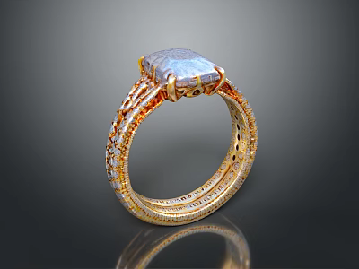 Luxurious Golden Ring With Intricate Patterns And Square Blue Gemstone Design 3d model