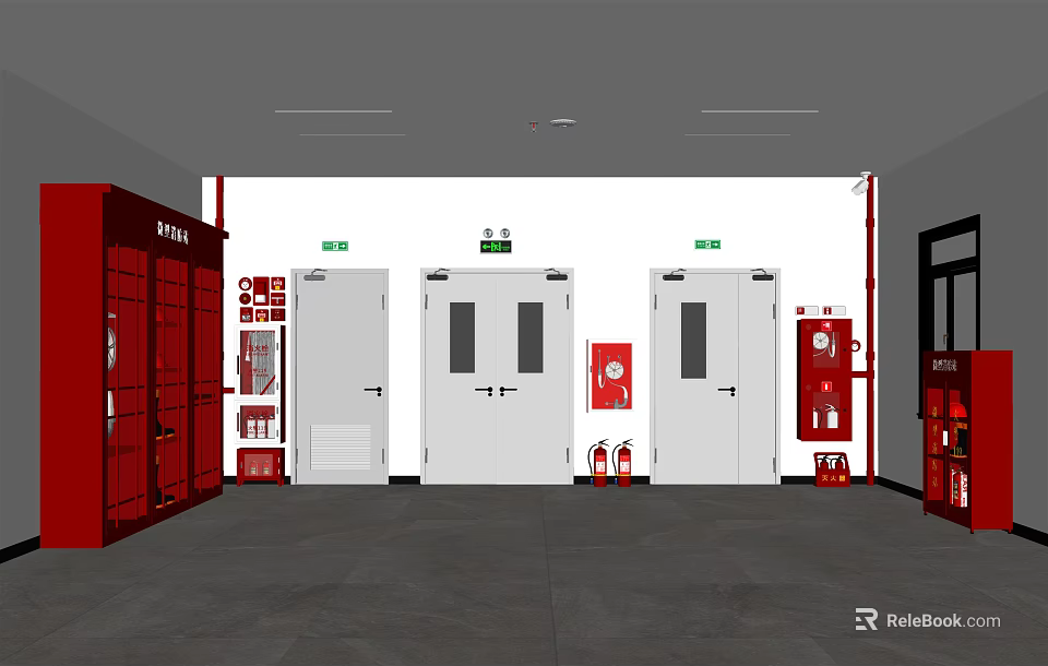 Fire Safety Equipment Room Interior With Red Lockers Exit Doors And Extinguishers 3d model 