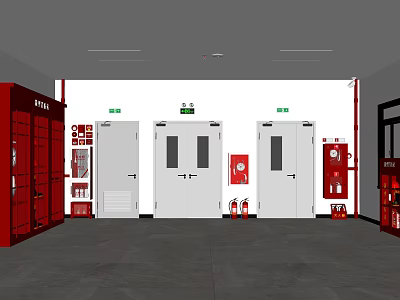 Fire Safety Equipment Room Interior With Red Lockers Exit Doors And Extinguishers 3d model