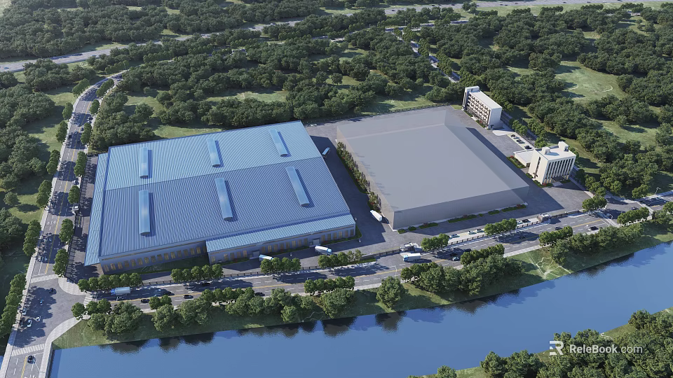 Aerial Planning Industrial Complex Layout with Blue Rooftops Gray Structure Roads and Waterbody 3d model 