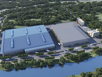 Aerial Planning Industrial Complex Layout with Blue Rooftops Gray Structure Roads and Waterbody 3d model