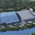 Aerial Planning Industrial Complex Layout with Blue Rooftops Gray Structure Roads and Waterbody
