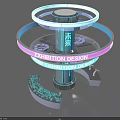 Futuristic Exhibition Design Display With Circular Glowing Rings Blue Pillar And Platforms