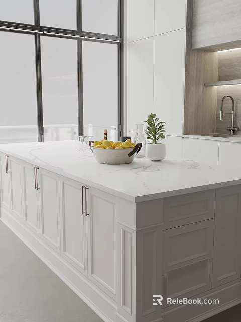Modern Open Kitchen Interior With White Cabinets Marble Countertop Fresh Fruits And Green Plant 3d model 