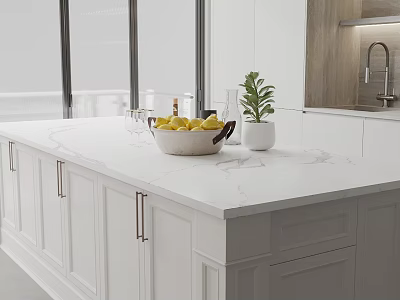 Modern Open Kitchen Interior With White Cabinets Marble Countertop Fresh Fruits And Green Plant 3d model