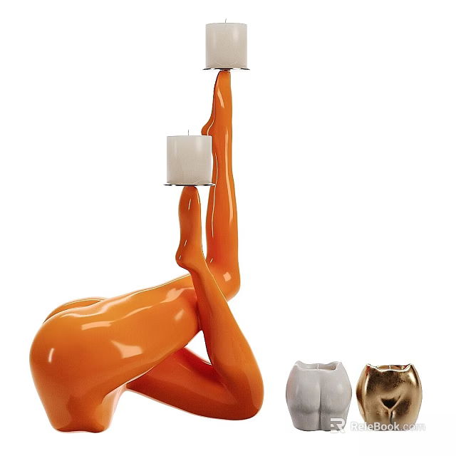 Decorative Ornament Set With Orange Human Shaped Sculpture And White Gold Candle Holders 3d model 