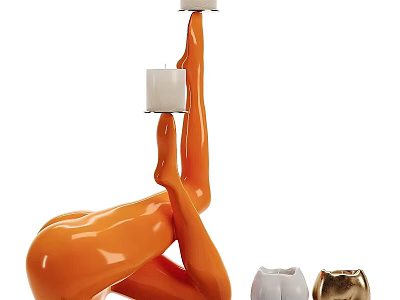 Decorative Ornament Set With Orange Human Shaped Sculpture And White Gold Candle Holders 3d model