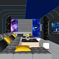 Modern KTV Lounge With Blue Sofas Orange Gray Cushions Neon Lighting And Reflective Ceiling 3d model
