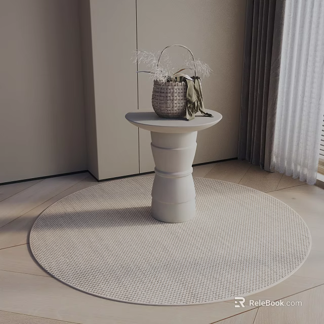 Modern White Side Table With Cylindrical Base And Decorative Woven Basket On Round Rug 3d model 