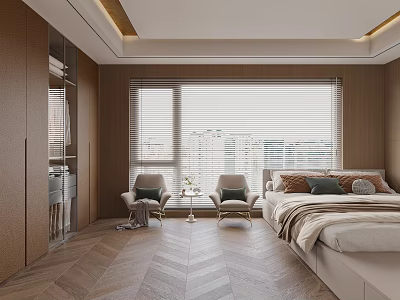 Modern Tatami Bedroom Interior With Wooden Blinds Armchairs And Herringbone Floor 3d model