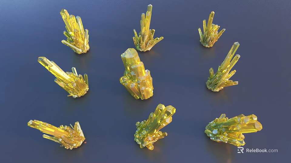 Natural Yellow Crystal Clusters With Radiant Structures On Dark Surface 3d model 