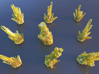 Natural Yellow Crystal Clusters With Radiant Structures On Dark Surface 3d model