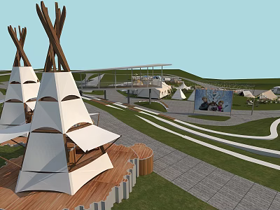 Garden Landscape Featuring Teepee Like Structures Wooden Platforms Curved Pathways Green Lawns And Distant Pavilions 3d model
