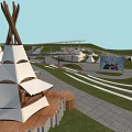 Garden Landscape Featuring Teepee Like Structures Wooden Platforms Curved Pathways Green Lawns And Distant Pavilions